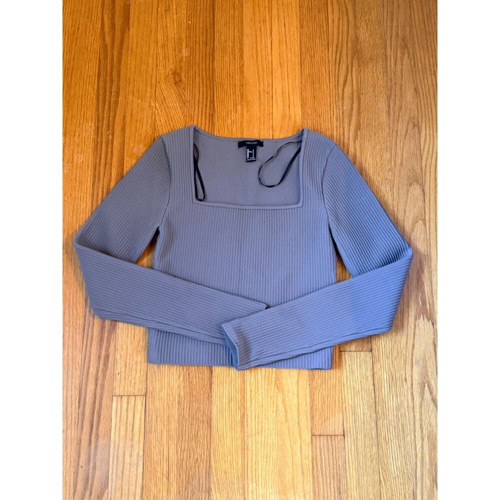 Forever 21 Gray Ribbed Square Neck Long Sleeve Top Size S